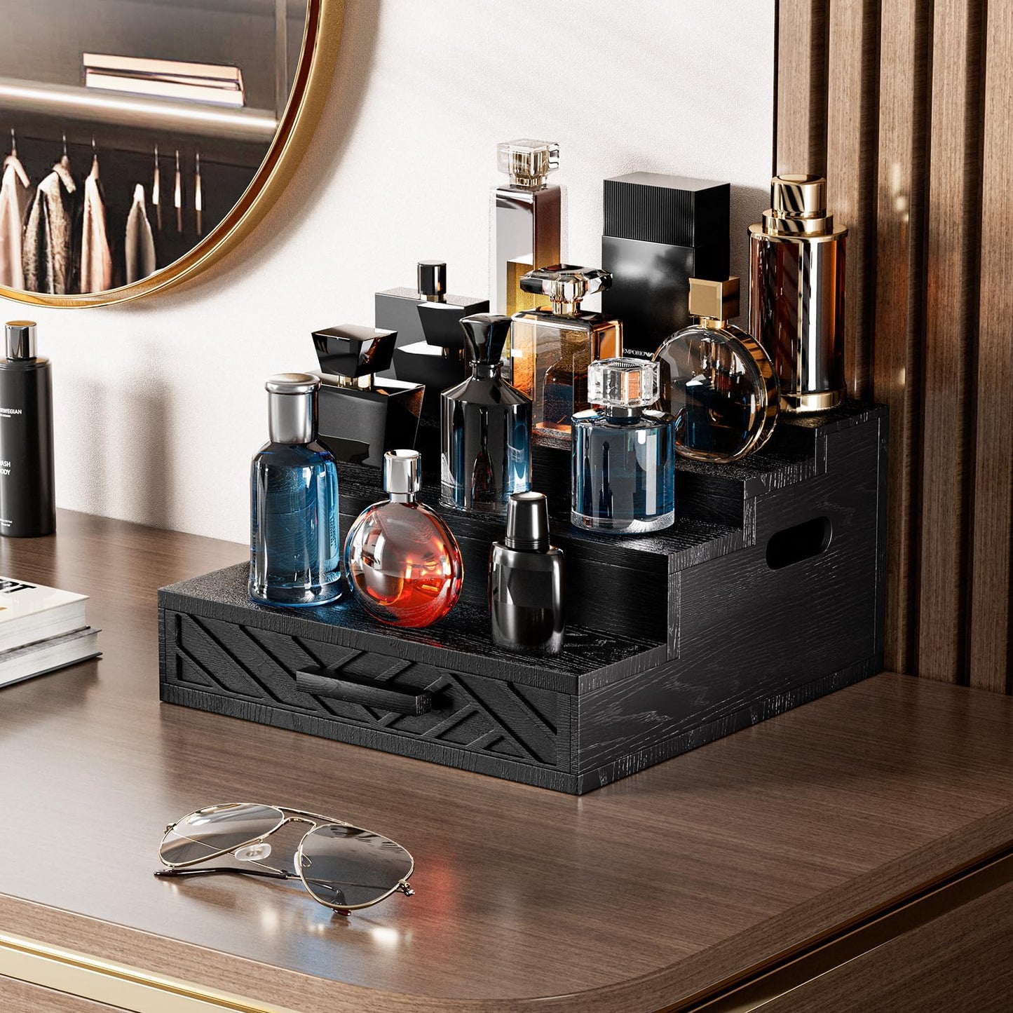 Wood Cologne Organizer for Men,12 Inch Black Cologne Stand with Drawer and Hidden Compartment Perfume Organizer for Dresser,Wooden Display Risers Stand for Perfume Makeup,Figures,A Gift for Men