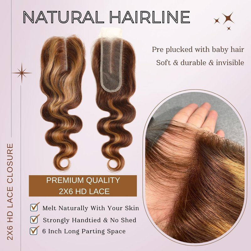 Long Deep Part 2x6 Closure Body Wave - Honey Blonde & Ombre Brown HD Lace, 10 Inch Real Human Hair
