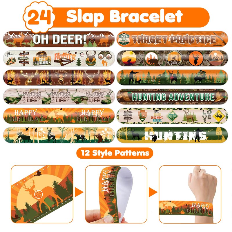 Cherisnowy 48PCS Hunting Party Set - 24PCS Temporary Tattoos & 24PCS Slap Bracelets - Outdoor Adventure Birthday Supplies, Baby Shower Gifts, Classroom Rewards & Party Decor for Kids (Boys & Girls)