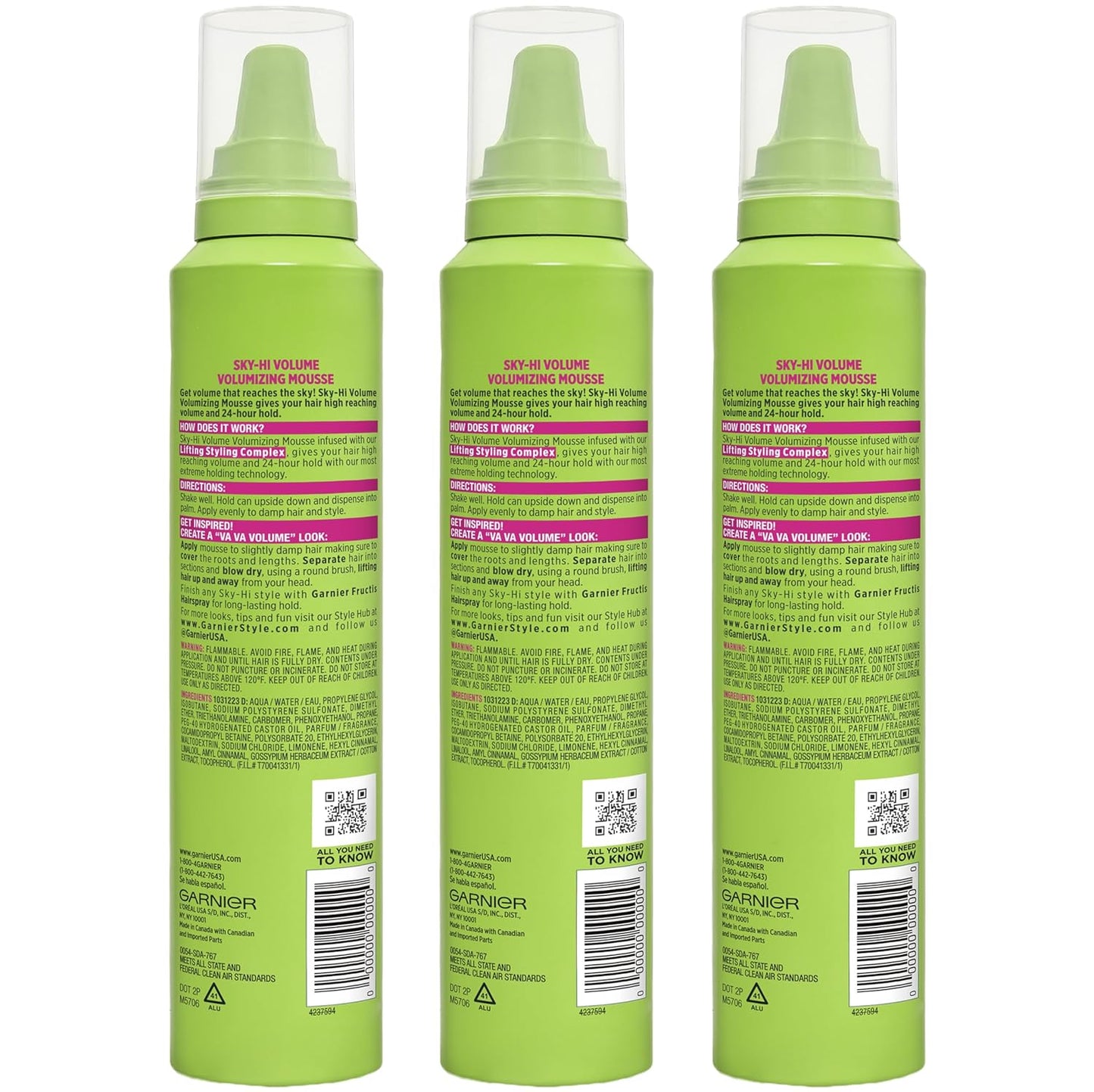 Garnier Fructis Sky-Hi Volume Mousse - Extreme Hold Hair Styling Foam | 6.4 Oz, 3 Pack