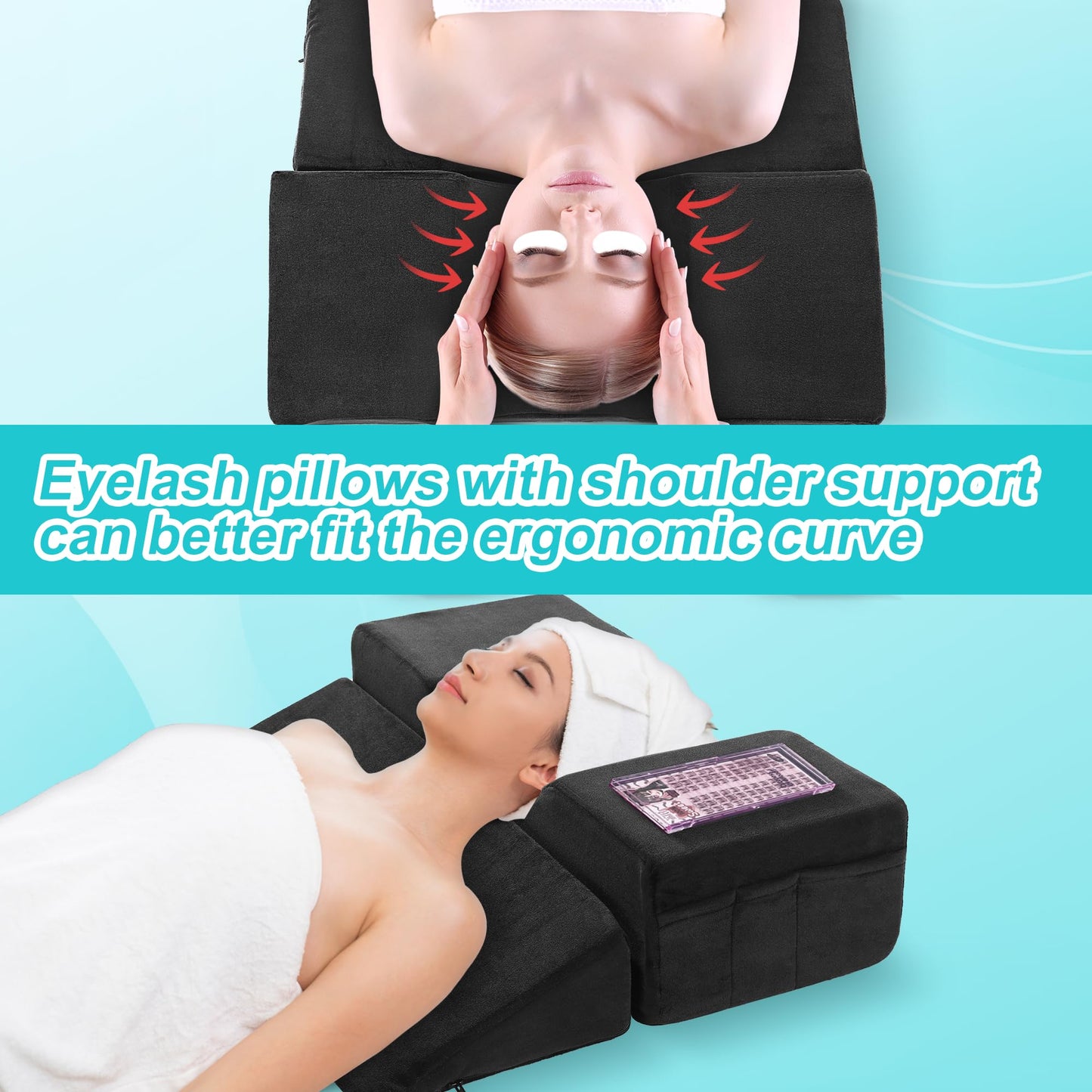 BALAPET Lash Pillows for Eyelash Extensions Ergonomic and Comfortable Velvet Foam Eyelash Pillow for Neck and Back Support Pillow Side Pockets can be Placed Tools,Easy to Graft Eyelashes(Black)