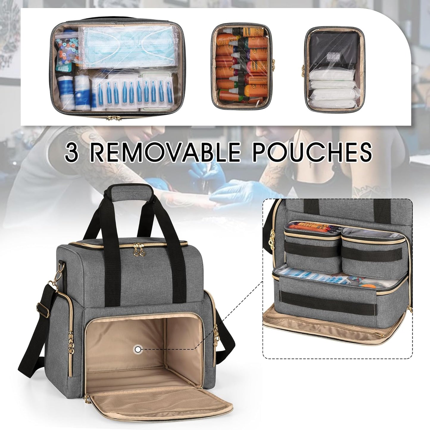LUXJA Large Tattoo Travel Case - Organizer with 3 Removable Pouches for Tattoo Supplies | Gray