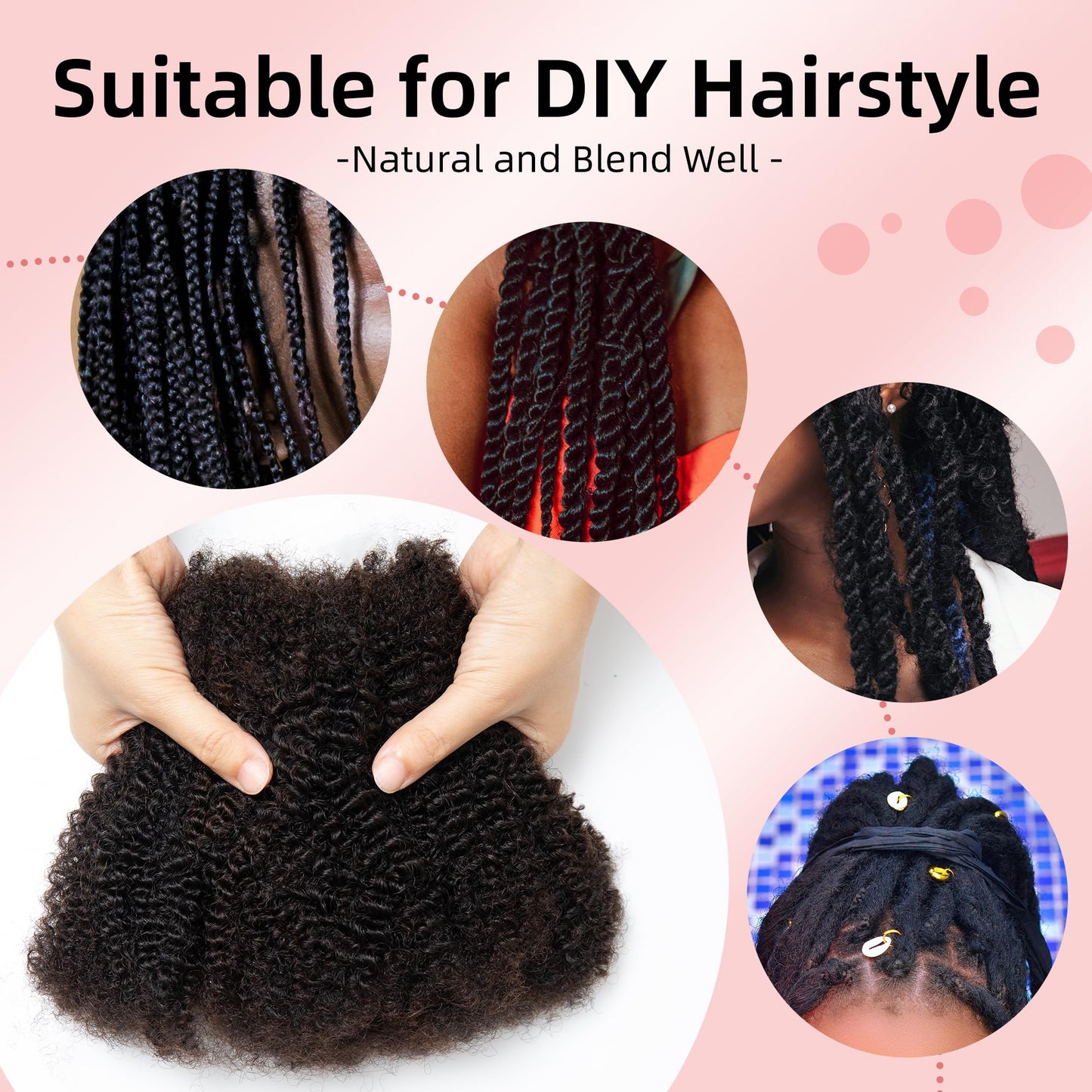 Stancia Afro Kinkys Bulk Human Hair, 14’’ Human Braiding Hair, 100% Human Hair Bundles for Dreadlocks Extensions Repair Locs, Twist Braiding (50g/pack)