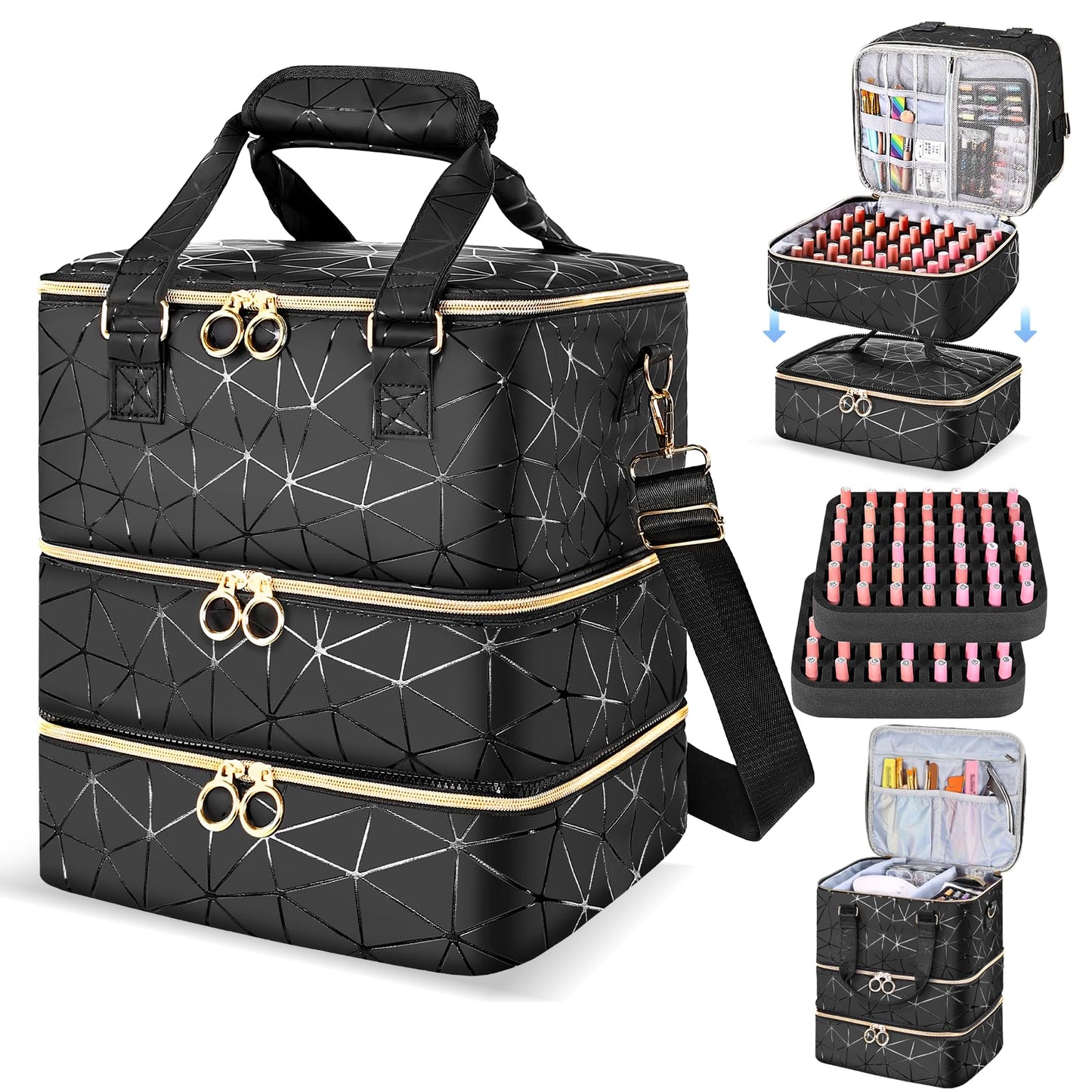 Nail Polish Organizer Case Holds 84 Bottles(15ml/0.5 Liquid Ounces) & Nail Lamp,3 Layers PU Leather Nail Supplies Storage Organizer Bag,Large Shoulder Strap Nail Polish Holder Travel Carrying Case.