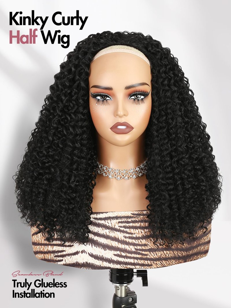 quickwig Curly Half Wig Water Wave Glueless Wigs 3 In 1 Seamless Short Half Wigs for Black Women Kinky Curly Half Wig Wear and Go Beginner Friendly Synthetic Headband Wig 16 Inch Black Color