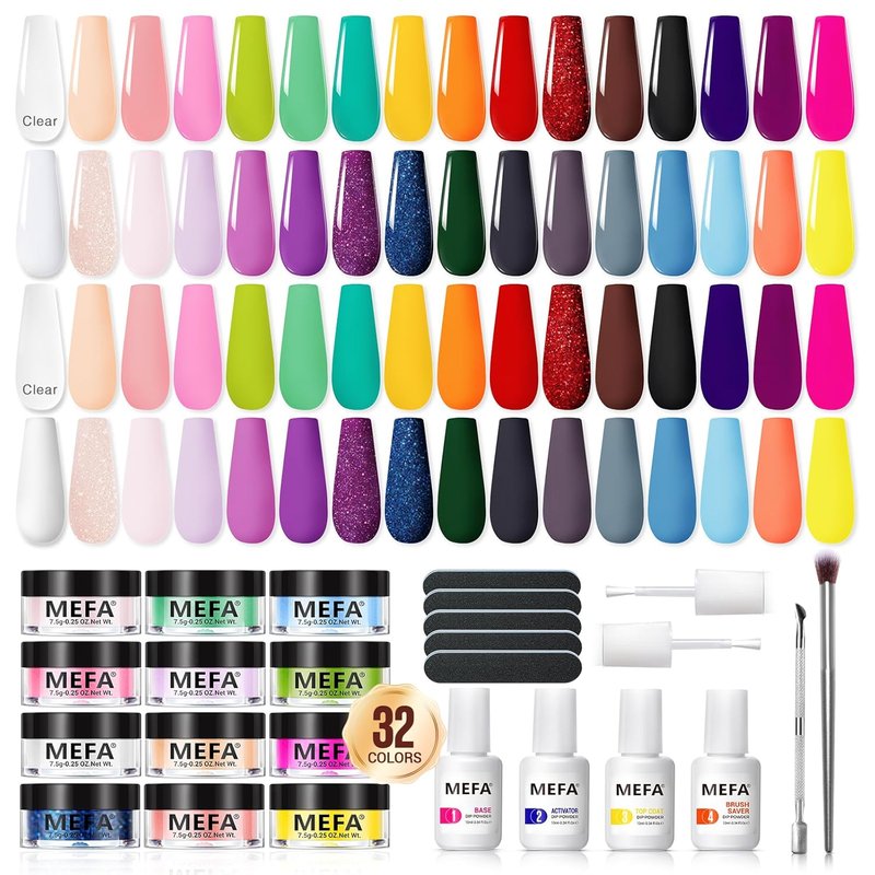 MEFA Dip Powder Nail Kit - 32 Vibrant Colors for Spring & Summer | Hot Pink, Pastel Violet, Neon Orange, Glitter & Shimmery Finishes