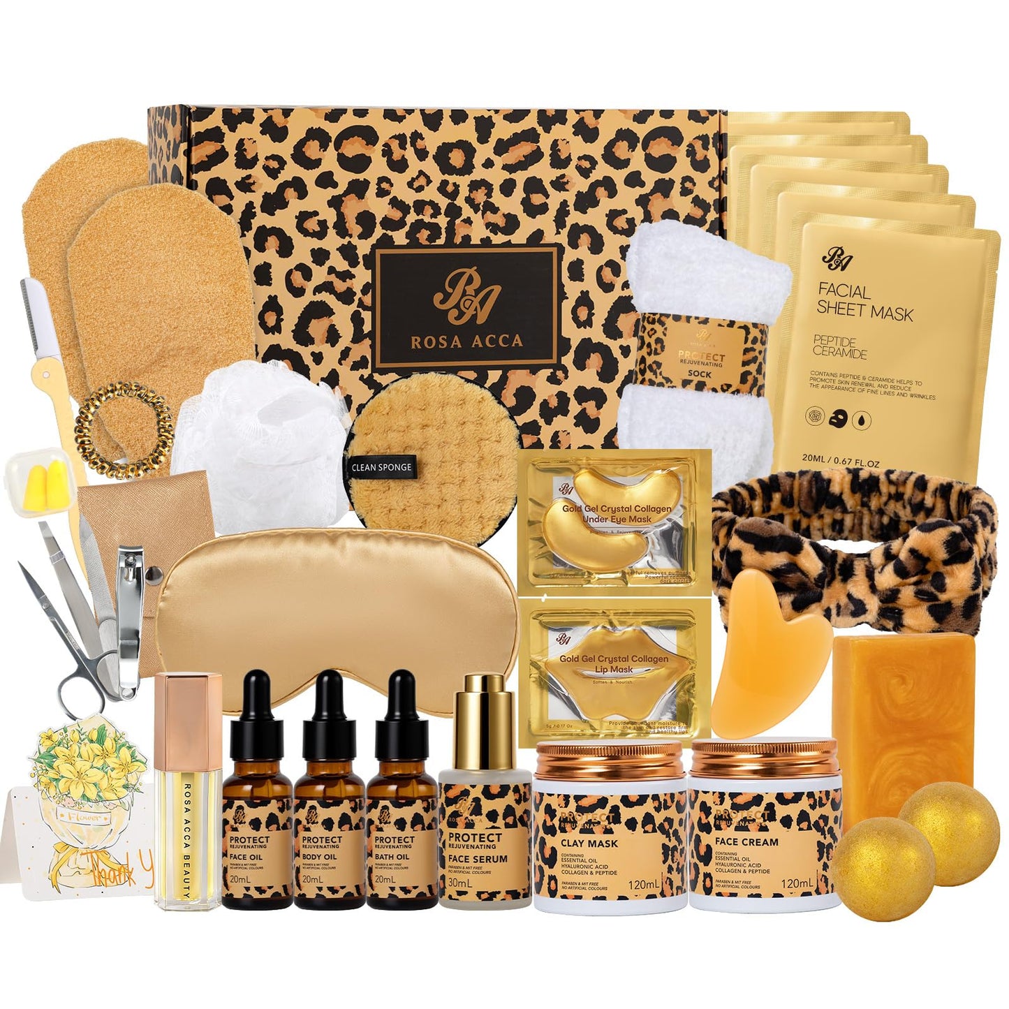Gifts for Women, 32 Pcs Leopard Facial Skin Care Gift Set for Women, Home Spa & Self-Care Gift Kit, Bath and Body Gifts Basket Set, Face Sheet Mask, Wife, Birthday, Christmas, Valentines, Anniversary