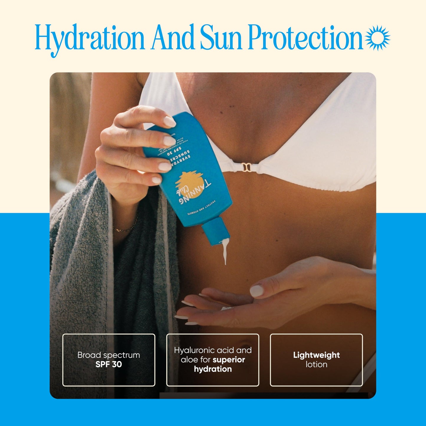 Tanning Club - Everyday Sunscreen - SPF 30 Lightweight Sunblock Lotion for Face and Body - Hyaluronic Acid, Aloe, and Coconut Oil - Water and Sweat Resistant (80 Minutes) - 150 ml