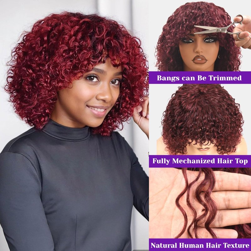 REMESSE Short Curly Bob Wig Human Hair With Bangs Short Curly Human Hair Wig For Black Women Glueless 250% Density Short Water Wave Human Hair Wig With Bangs 99J 10Inch