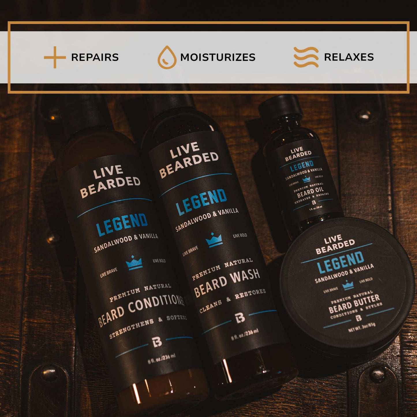 Live Bearded Complete Beard Grooming Kit - Wash, Conditioner, Butter and Oil - Made in the USA with All-Natural Ingredients - Mens Groom Set | Legend Scent - Sandalwood, Vanilla