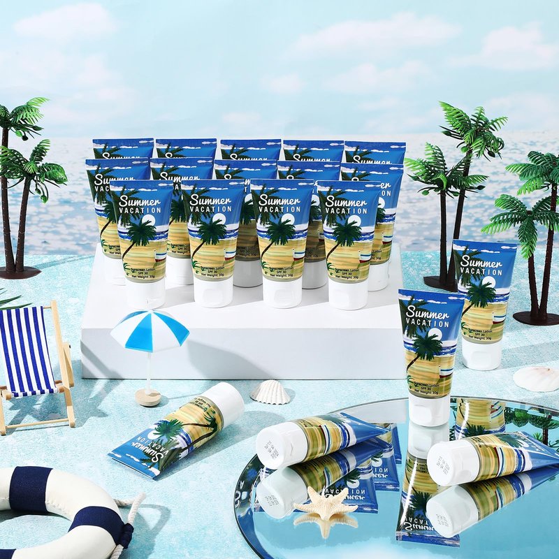 Dansib 24 Pcs Mini Sunscreen Bulk for Summer Party Wedding SPF 30 Water Resistant Sunscreen Lotion Bulk 1oz Travel Size for Thank You Gifts Wedding Supplies (Vacation)