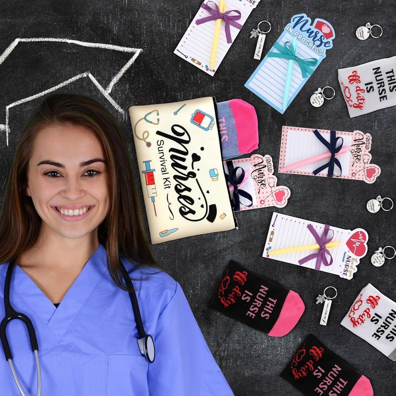 Nurse Appreciation Gifts - 36 Pcs Survival Kit with Socks, Makeup Bags, Keychains & Notepad | Perfect for Medical Staff