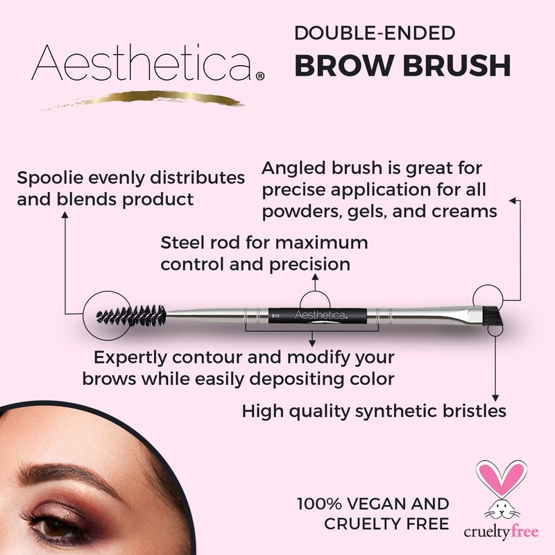 Aesthetica Pro Series Double Ended Eyebrow Brush & Spoolie - Angled Brow Brush for Precision Application & Blending of Eye Brow Powders, Waxes & Gels - Vegan & Cruelty Free