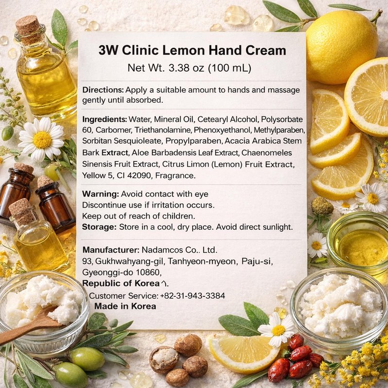 3W Clinic Hand Cream, Lemon, 3.38 Ounce