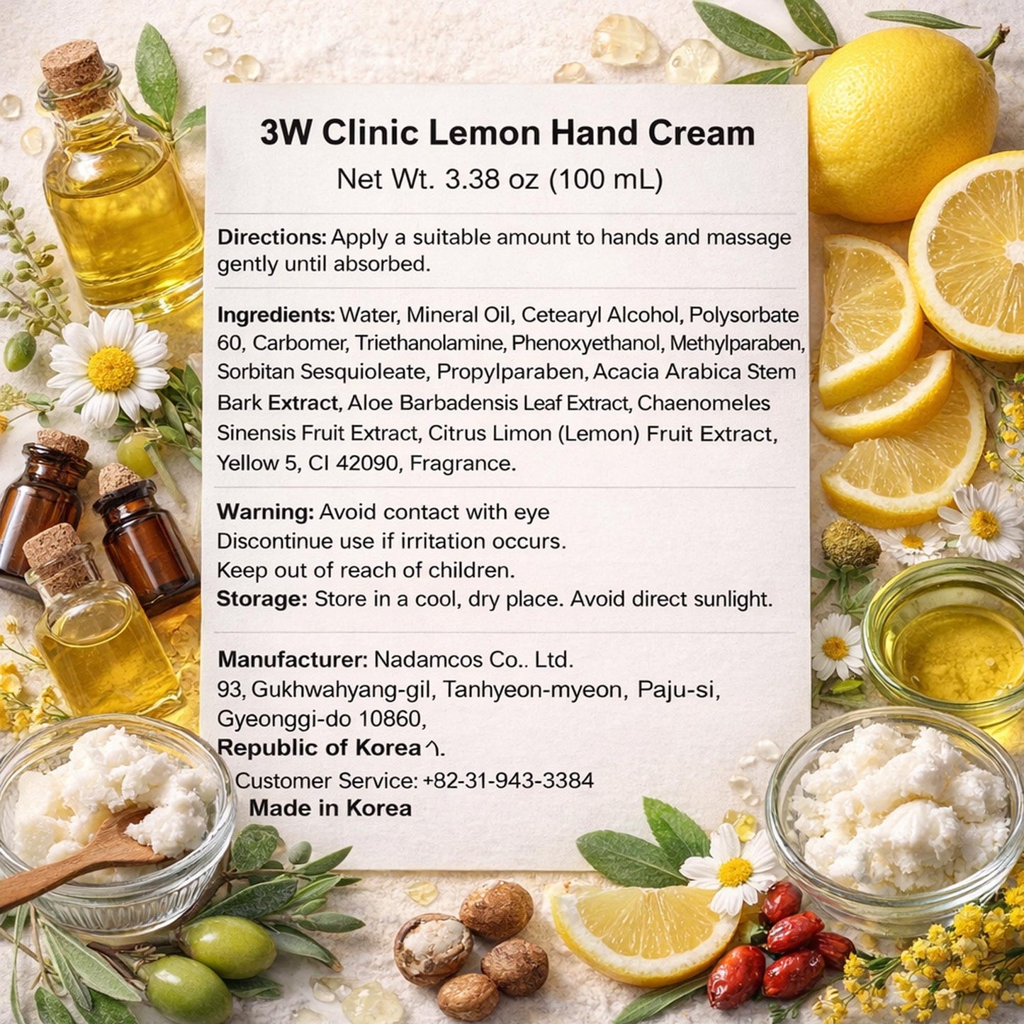 3W Clinic Hand Cream, Lemon, 3.38 Ounce