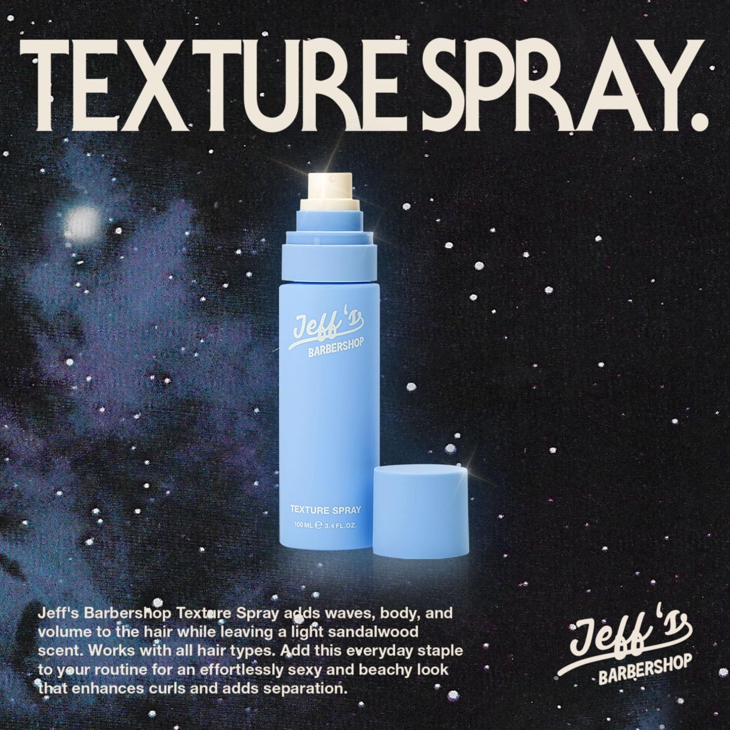 Jeff’s Barbershop Sea Salt Texture Hair Spray, Sandalwood - Natural Texturizing and Thickening Volumizer for Men & Women - Light Hold, Textured Finish for Body, Volume & Beachy Waves (3.4 fl oz/100ml)