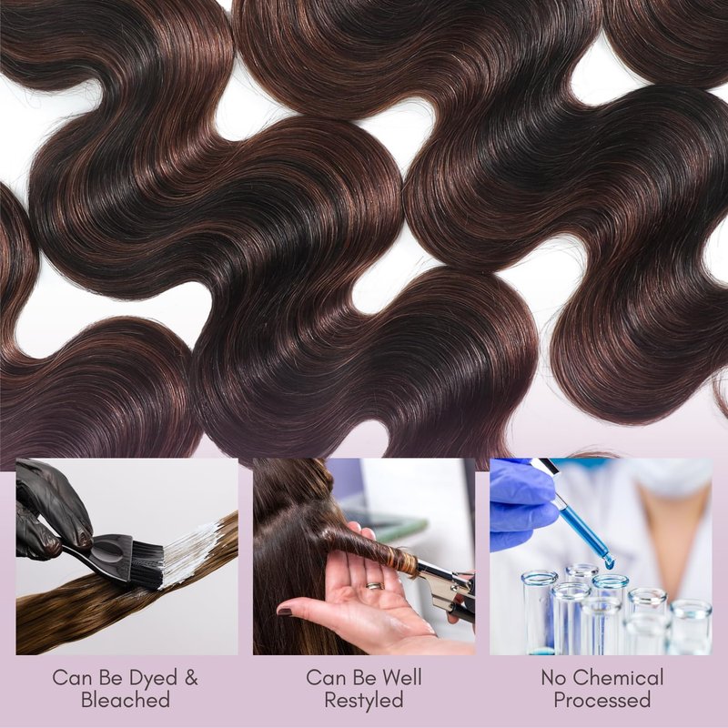 AUROO 12A Brown Body Wave Bundles Human Hair, 100% Virgin Brazilian Real Hair Wavy Weave Color #F2/4 Rich Dark Brown with Chestnut Ombre Highlights Human Hair Single Bundles Thick Track Sew in 14 Inch