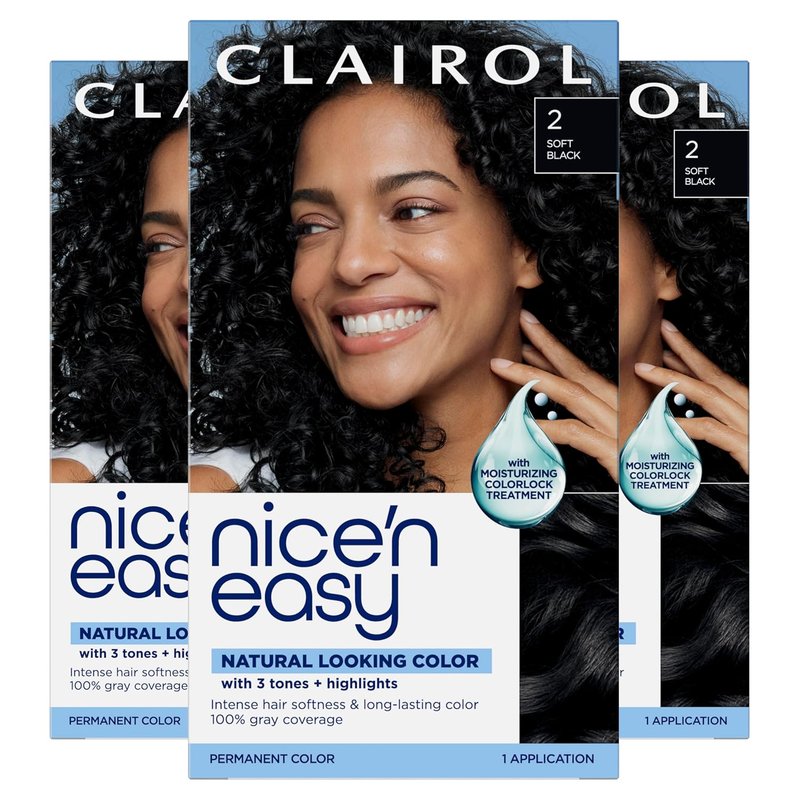 Clairol Nice'n Easy Permanent Hair Dye - 100% Gray Coverage, Natural-Looking Color & Shine | Pack of 3, Black
