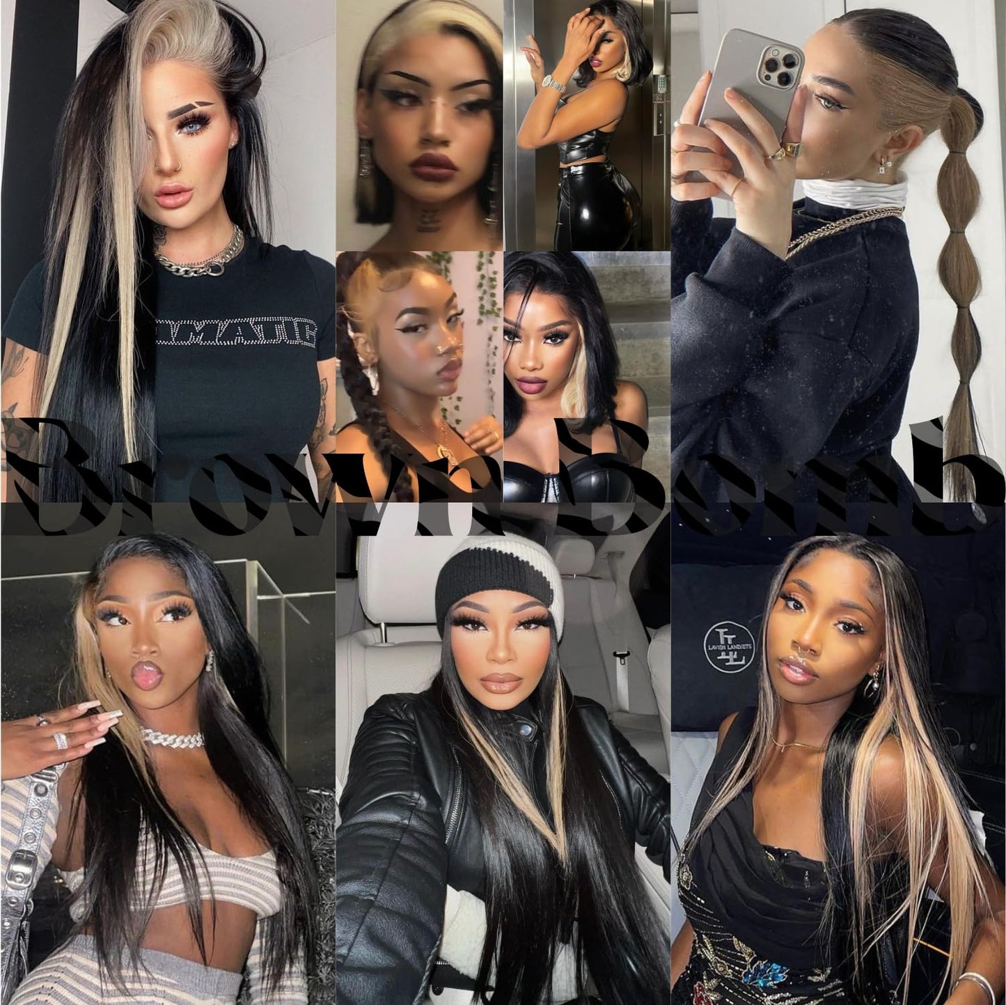 BrownBomb Skunk Stripe Wig Lace Front Wig Pre Plucked Ready to Wear, HD Glueless 13X5X1 Synthetic Lace Front Wigs for Women 180 Density 26inch, Black and Blonde Wig Skunk Stripe Effortless Chic