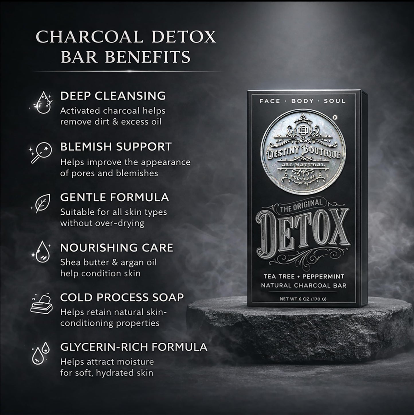 Destiny Boutique Charcoal Facial Soap DETOX,6 Ounce (Pack of 2)