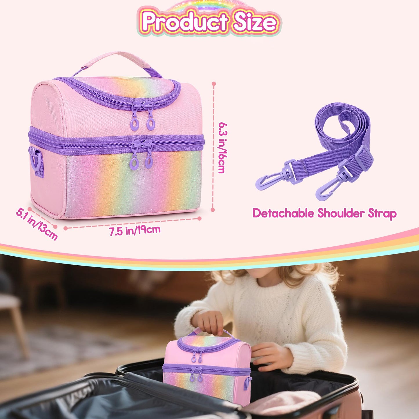Kids Small Nail Polish Storage Holds 24 Bottles (0.15 fl oz - 0.17 fl oz), Double Layer Carrying Case for Nail Supplies, Rainbow Sequins Design, for Kids Girls Dress Up Play Travel, Pink, Case Only