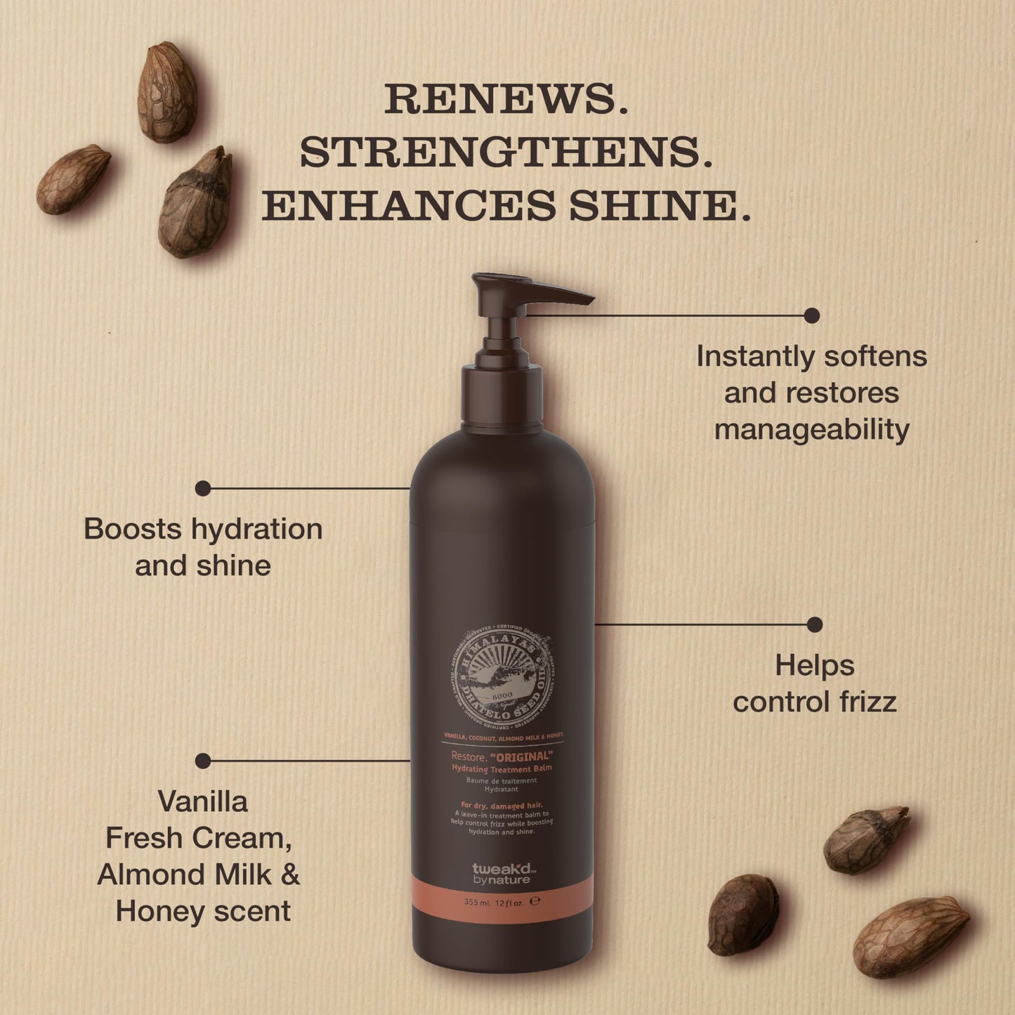 Tweak’d by Nature - Restore Hydrating Balm, Frizz Control Hair Balm and Leave-In Hair Treatment Sulfate Free, Paraben Free, Hydrating and Strengthening for Touchable Softness and Healthy Shine (12oz)
