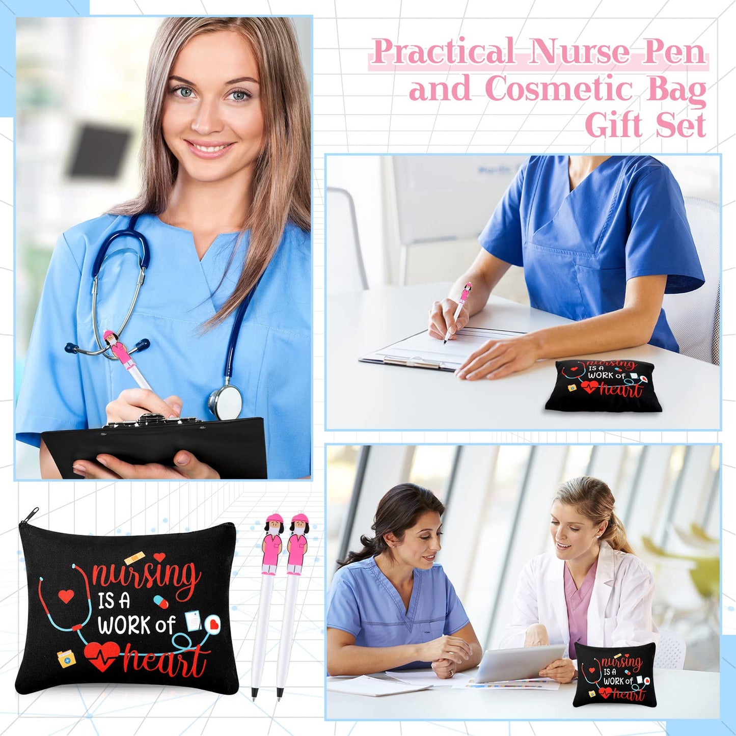 LEIFIDE 24 Pcs Nurse Week Gifts Bulk 2026 Rn Nurses Appreciation Gift for Women Include 12 Canvas Makeup Cosmetic Bag with Zipper and 12 Ballpoint Pen Accessories for Graduation(Adorable Style)