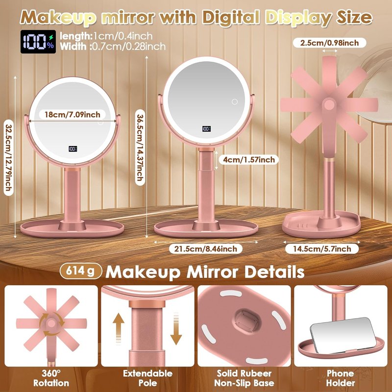 Makeup Mirror with Lights - 30X/1X Magnifying, Height Adjustable | Detachable Travel Vanity Mirror in Rose Gold