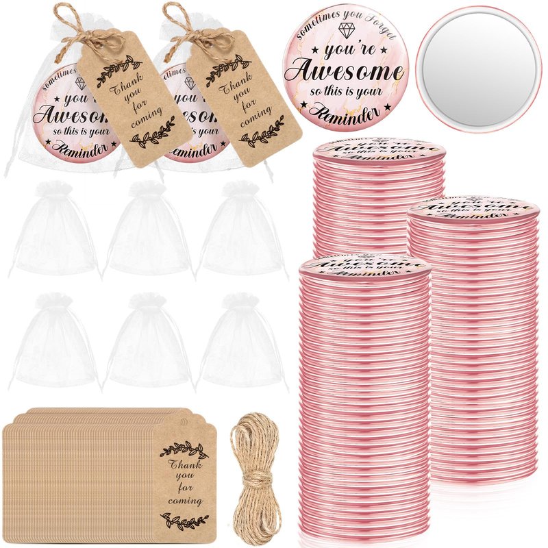 100 Sets 2.76" Inspirational Compact Mirrors Bulk Mother's Day Appreciation Gifts Small Pink Pocket Purse Makeup Mirror Souvenir Bag for Stuffer Items Women Graduation Quinceanera Employee (Awesome)