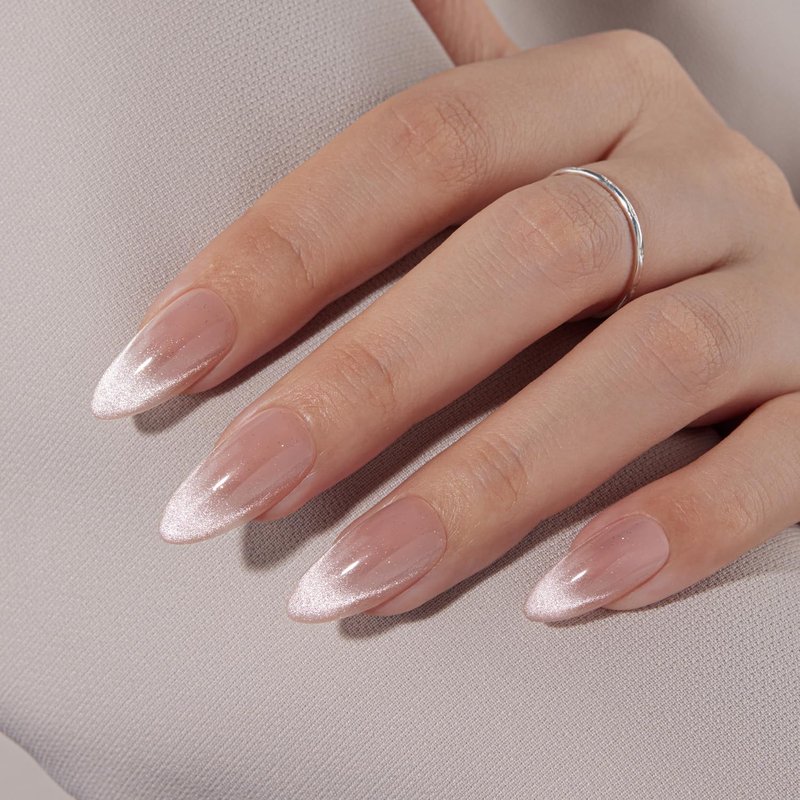Press On Nails Almond Medium - Cat Eye French Tip Nude Pink Sparkly | 32 Pcs, Reusable, Semi-Transparent for Spring Weddings