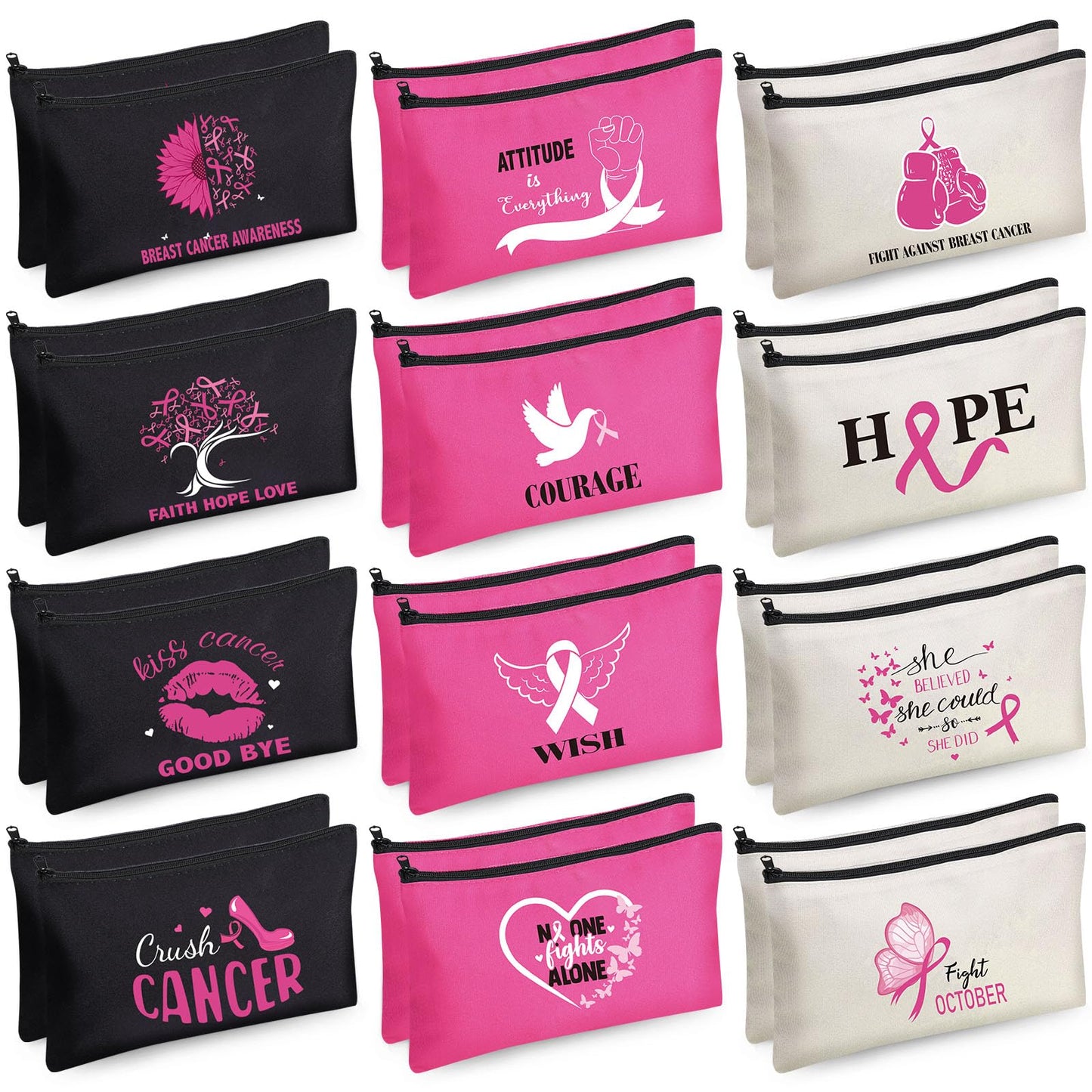 Xuniea Breast Cancer Awareness Bag Pink Ribbon Travel Makeup Pouch Breast Cancer Cosmetic Pouch Portable Canvas Breast Cancer Gift Bag for Vacation Travel Women Breast Cancer Awareness Party (24 Pcs)