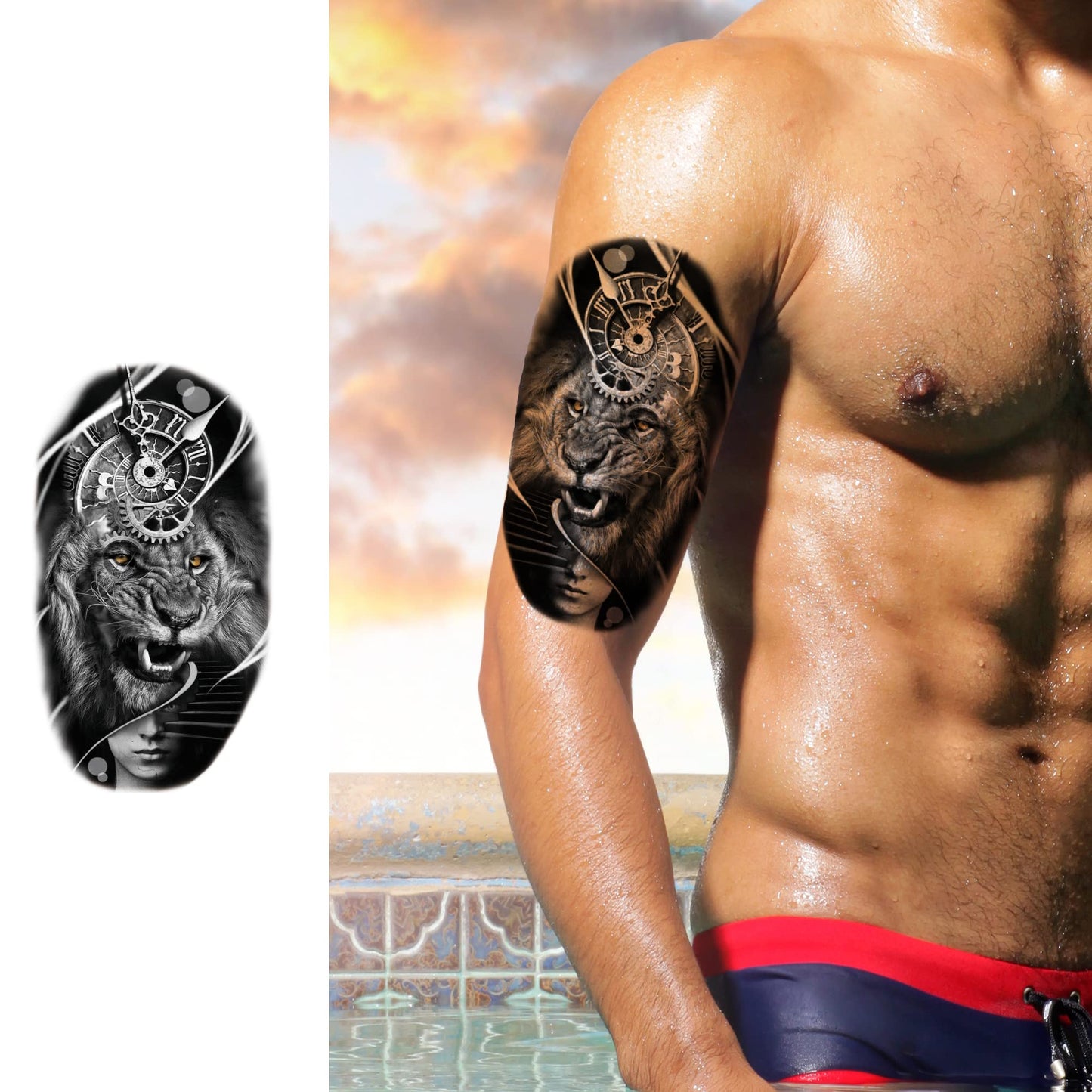 PADOUN Temporary Tattoos Animal, 6-Sheet Wolf Lion Large Temporary Tattoo for Men, Waterproof Long Lasting Tattoos Realistic Fake Tattoos for Women Kids