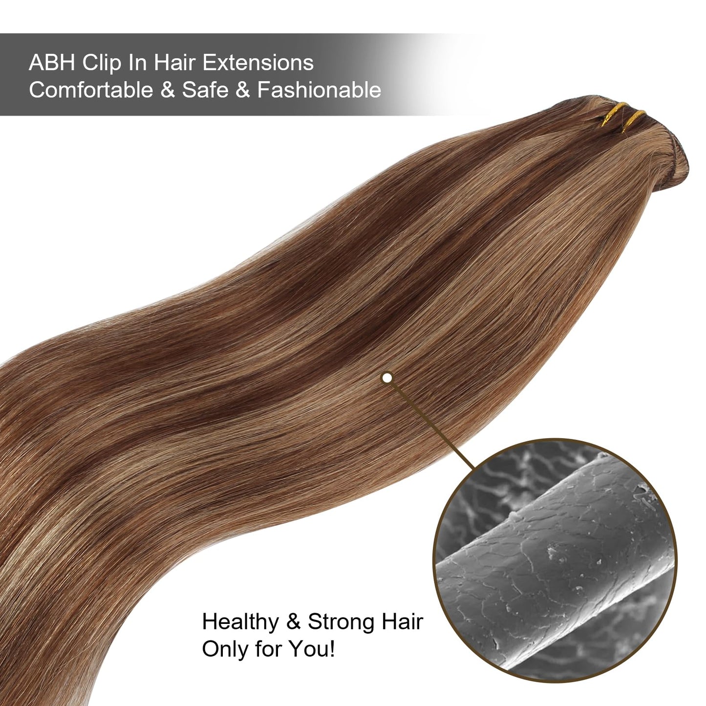 ABH AMAZINGBEAUTY HAIR Highlight Clip in Hair Extensions Human Hair 8 Pieces Chocolate Brown Mixed to Dark Blonde Hair Extensions Clip in Natural Blend Full Head Double Wefts Soft Straight 90G 16 Inch