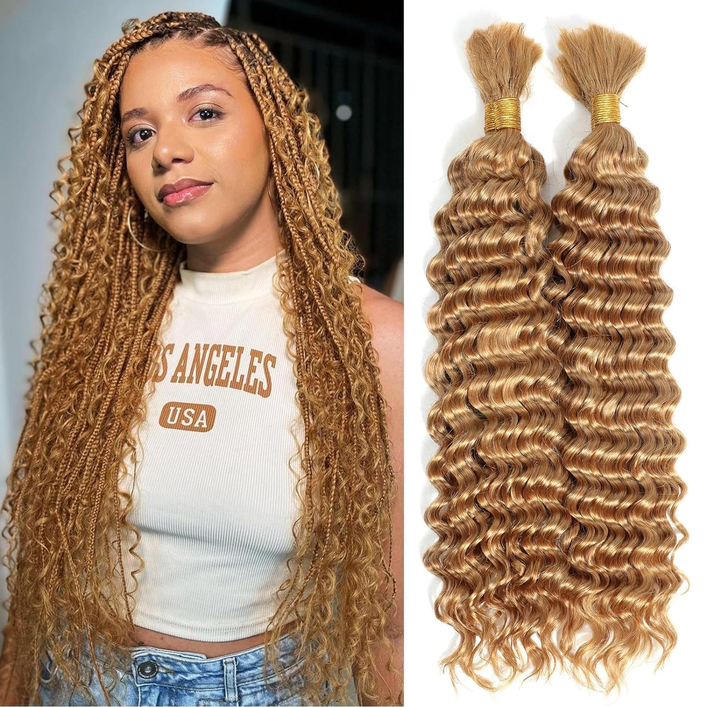 Xddnamei Deep Wave Human Braiding Hair 2 Bundles Total 100g 18 Inch 27# Honey Blonde Braiding Human Hair Brazilian Virgin Hair Bundles for Boho Braids