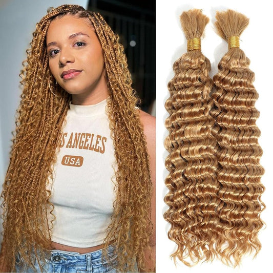 Xddnamei Deep Wave Human Braiding Hair 2 Bundles Total 100g 18 Inch 27# Honey Blonde Braiding Human Hair Brazilian Virgin Hair Bundles for Boho Braids
