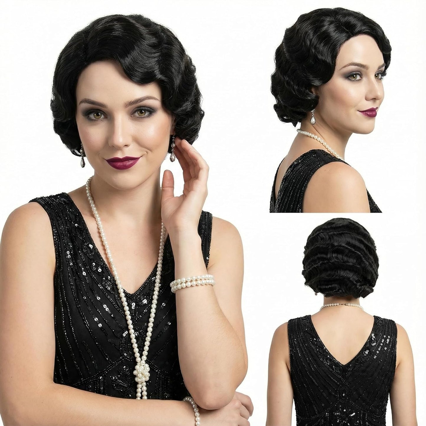 1920s Black Finger Wave Wig for Women - Vintage Gatsby Flapper Costume Hairpiece | Synthetic Full-Length Design