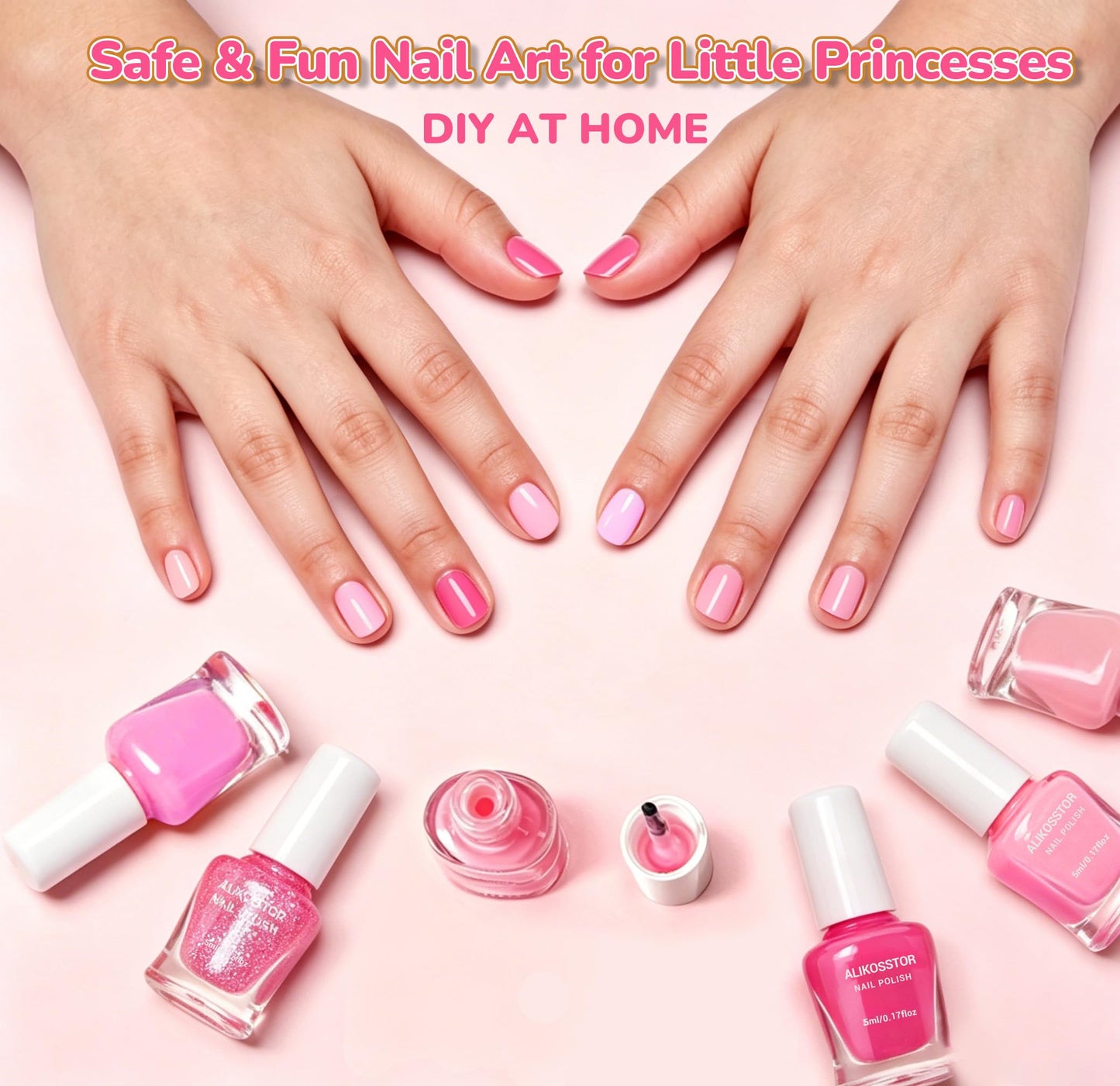 ALIKOSSTOR Kids Nail Polish Set, 10 Colors Non Toxic Water Based Peel Off Nail Polish, Quick Dry Toddler Nail Polish Kit, Safe Kids Manicure Set Birthday Gift for Girls