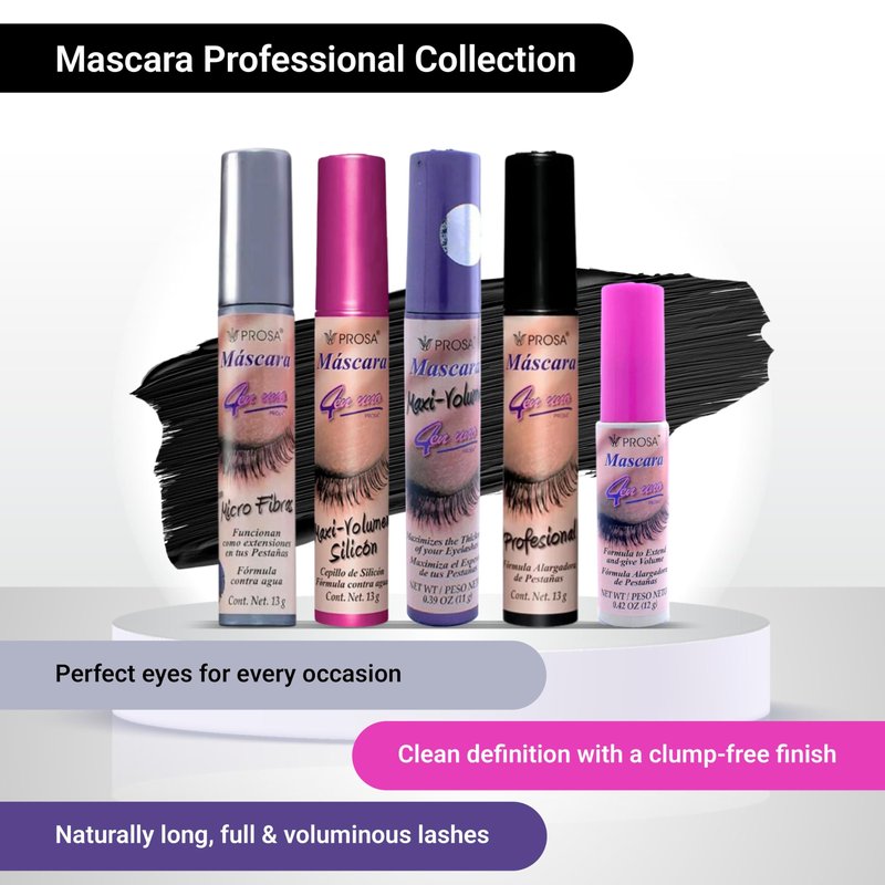 Prosa Mascara Professional Collection for Amplified Volume Complete Lash Length Deep Ebony Shade and Enduring All-Day Glamour Pack of 5