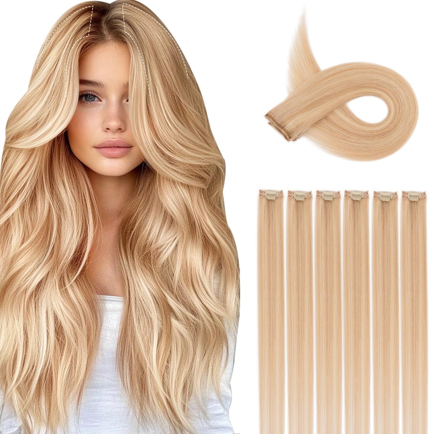 S-noilite 6Pcs Clip in Human Hair Extensions,Remy Single Clip in Hair Extensions 6Pcs 6clips Straight Ash Blonde/Bleach Blonde Seamless Hairpieces for Women 18Inch 44g
