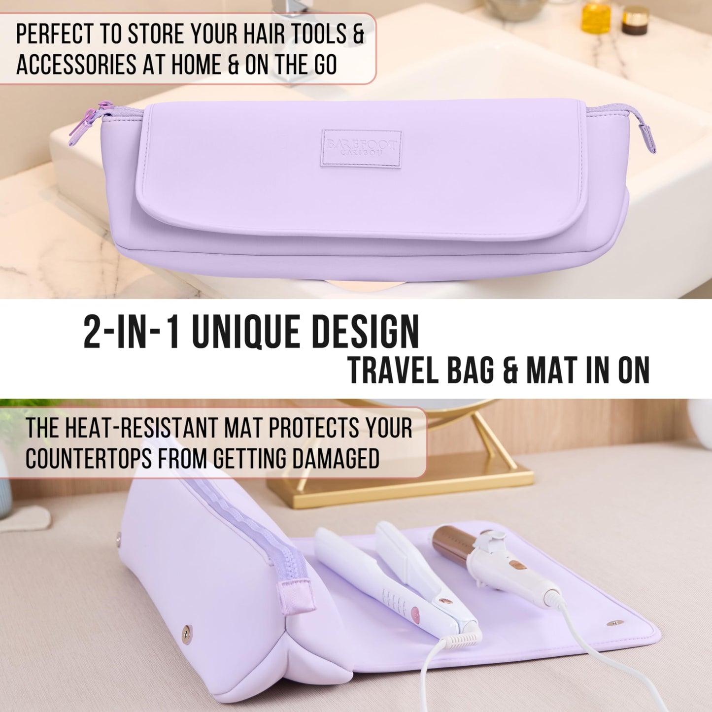 BAREFOOT CARIBOU Hair Tools Travel Bag and Heat Resistant Mat (15.5") for Flat Irons, Straighteners, Curling Iron, and Haircare Accessories, 2-in-1 design, Interior Pockets, Portable Organizer (Lilac)