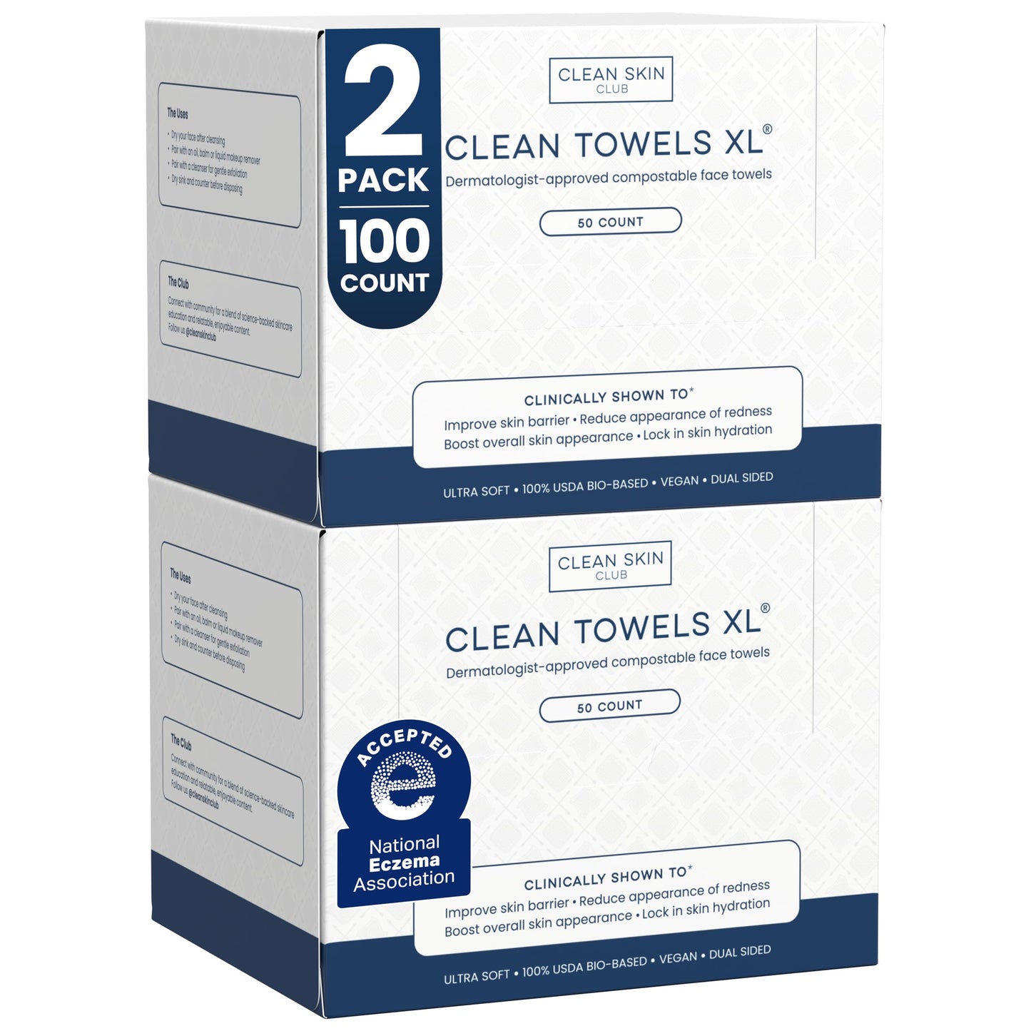 Clean Skin Club Clean Towels XL®, 100% USDA Biobased Face Towel, Disposable Face Towelette, Eczema Association Accepted, Makeup Remover Dry Wipes, Ultra Soft, 50 ct per pack, 6 Packs, 300 Ct Total