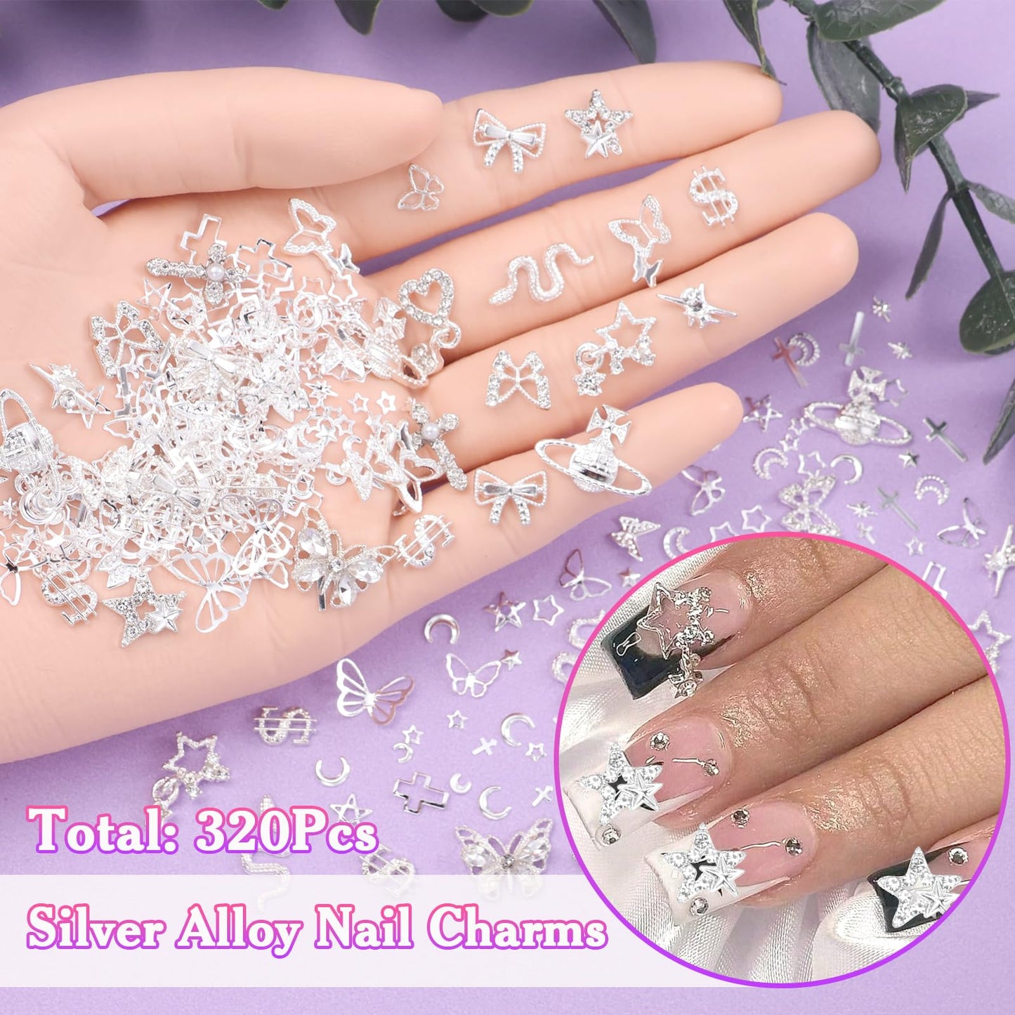 Silver Nail Charms, 320 Pcs Cross Dangle Star 3D Alloy Nail Gems and Charm, Butterfly Bows Star Planet Nail Art Charms, Silver Nails Rivets Charms for Nails DIY Design Y2K Supplies