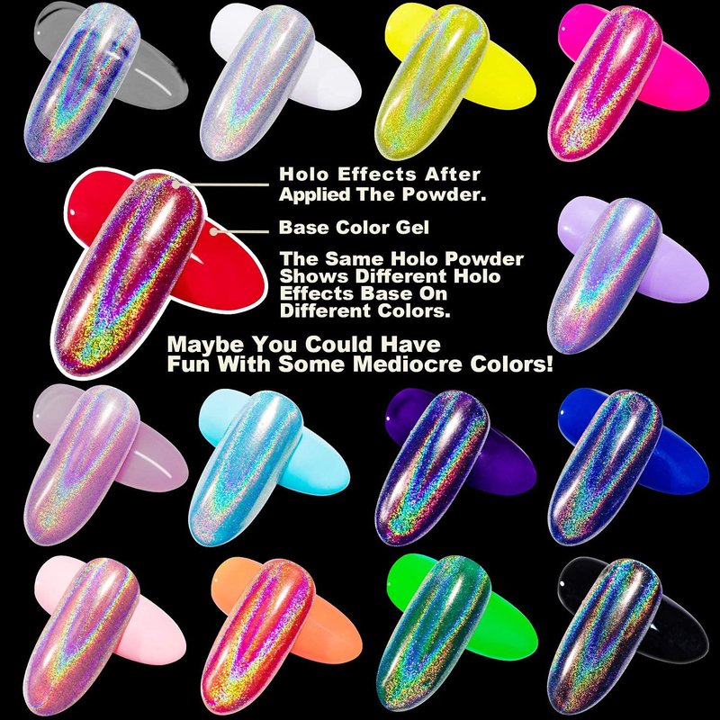 GA&EN Nail Glitter 2 Jars Holographic Nail Powder Fine Rainbow Holo Mermaid Unicorn Mirror Laser Effect Multi Chrome Manicure Pigment Glitter Dust + 6PCS Sponge Tools for Salon Home Nail Art DIY Decor