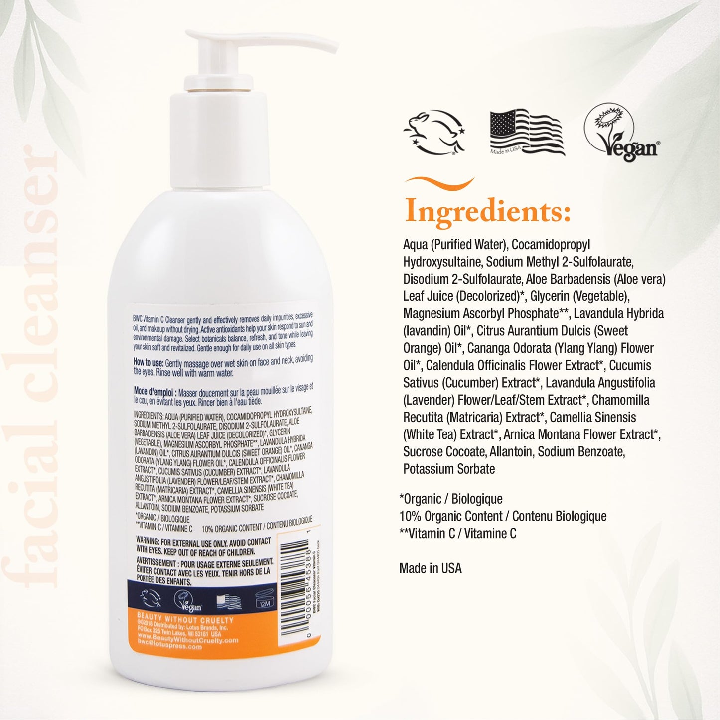 Beauty Without Cruelty Vitamin C Facial Cleanser with CoQ10 – Foaming Face Wash Infused with Essential Oils & Botanical Extracts + Cotton Round