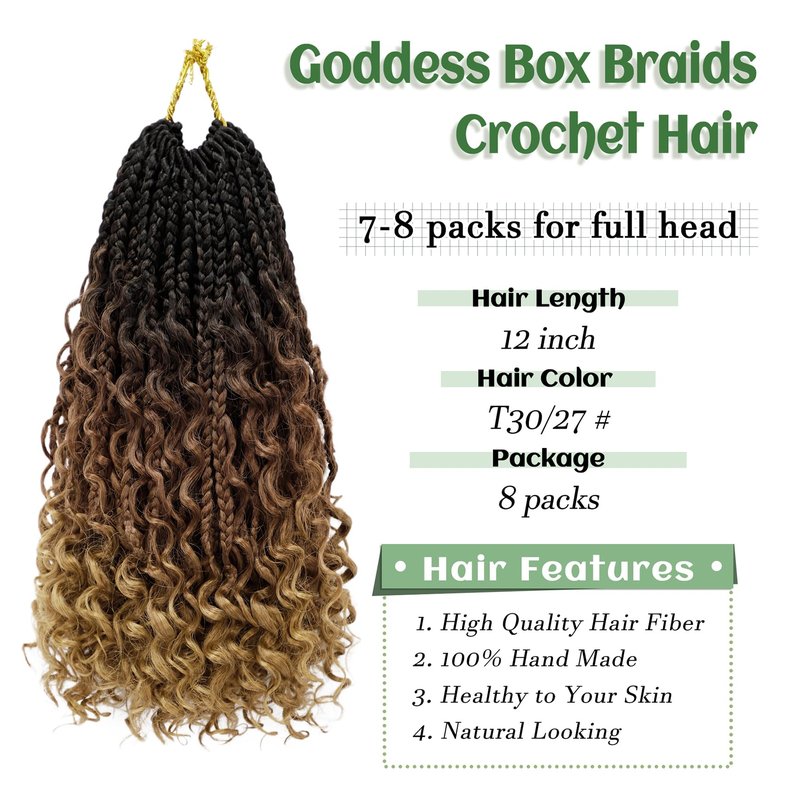 Goddess Box Braids Crochet Hair 12 Inch 8 Packs Pre-looped Bohemian Crochet Boho Box Braids With Curly Ends 3X Crochet Braids Hair for Women Synthetic Braiding (12 inch, T1B/30/27)