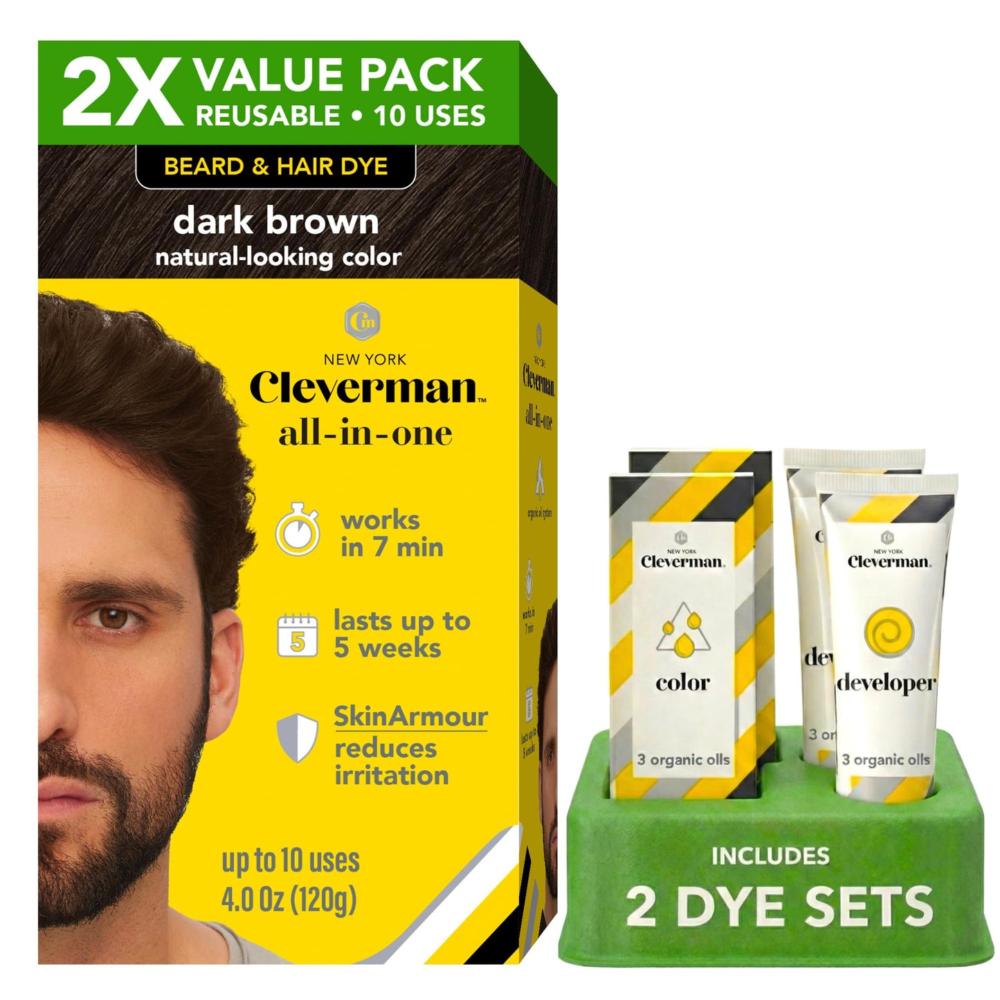 2X Reusable Hair & Beard Dye for Men – Dark Brown 3.1 | Up to 10 Uses, 7 Minutes | Natural Gray Coverage, No-Drip Cream with SkinArmour® – Cleverman