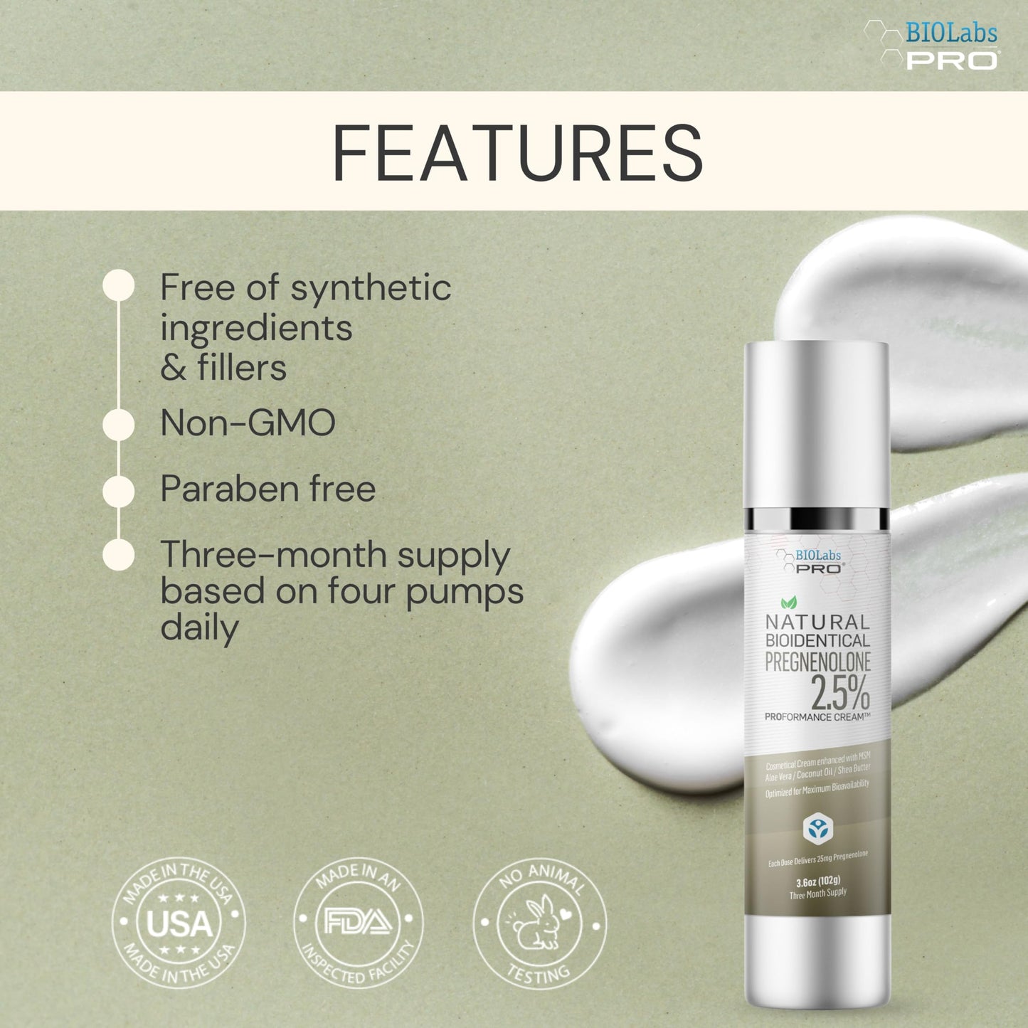 BIOLABS PRO Pregnenolone Cream 2.5% - Bioidentical Natural Pregnenolone - 25mg Per Dose - Three Month Supply - Luxury Bottle - 3.6oz