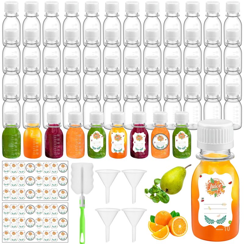 LemonRoad 100 Pcs 2oz Small Plastic Juice Bottles with Black Cap Mini Reusable Clear Shot Jar with Lid Scale and Label for Ginger Liquid Drink Milk Beer Coffee Storage Container Portable Travel