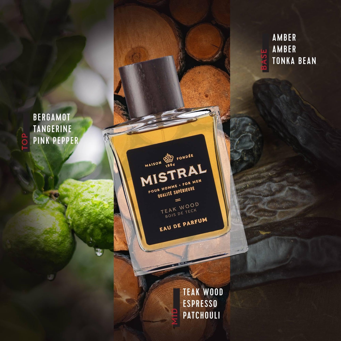 Mistral Men’s Cologne – Teakwood Eau de Parfum | Woody & Earthy Masculine Scent with Citrus, Jasmine, Patchouli & Musks | Cruelty-Free & Long-Lasting Perfume for Men, Made in France - 3.4 Oz