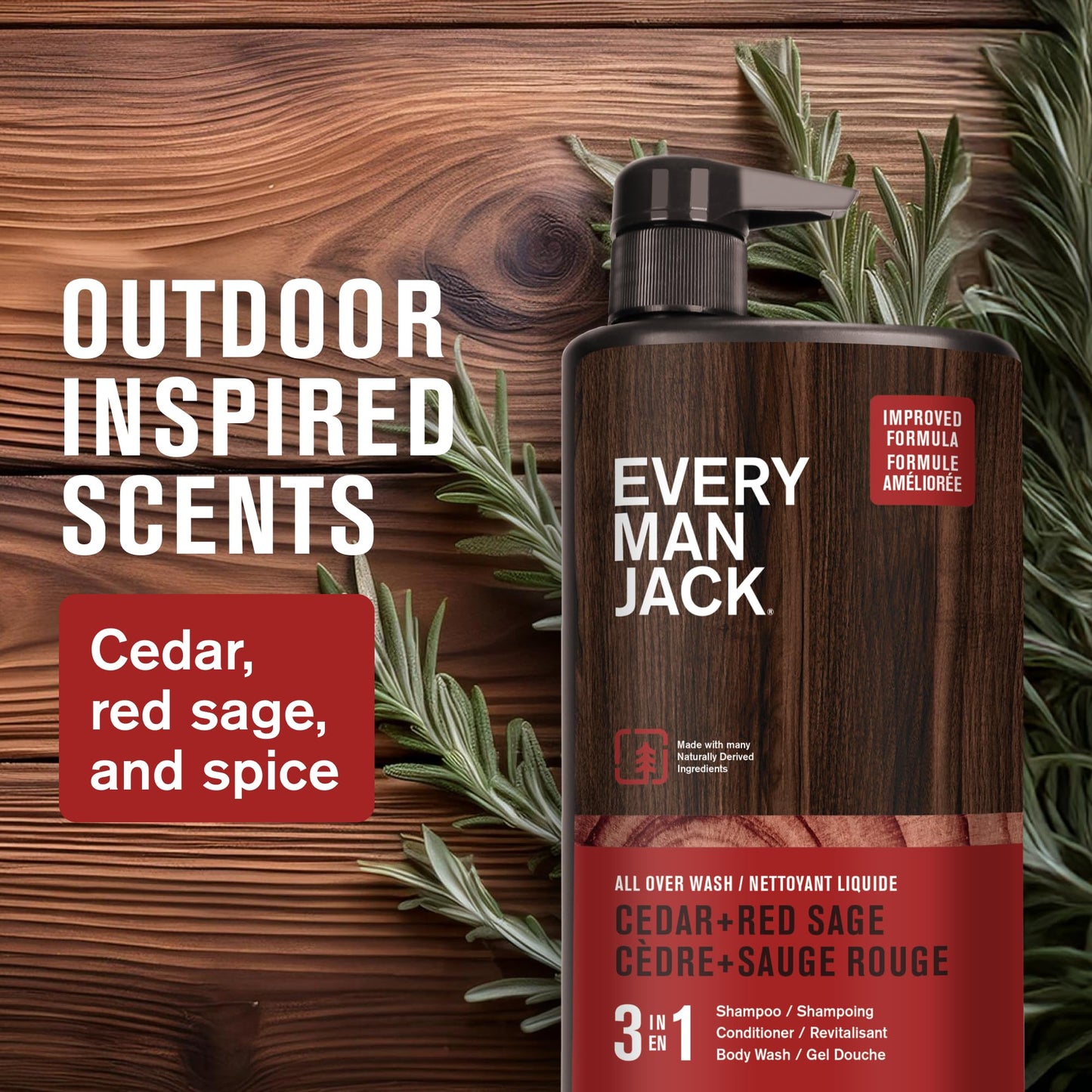 Every Man Jack Cedar + Red Sage Mens 3-in-1 All Over Wash for All Skin and Hair Types - Body Wash, Shampoo and Conditioner with Naturally Derived Ingredients - Paraben & Dye Free - 28.8oz - 2 Pack